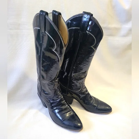 Vtg. Tony Lama Black Patent Leather Cowboy Boots size 6A